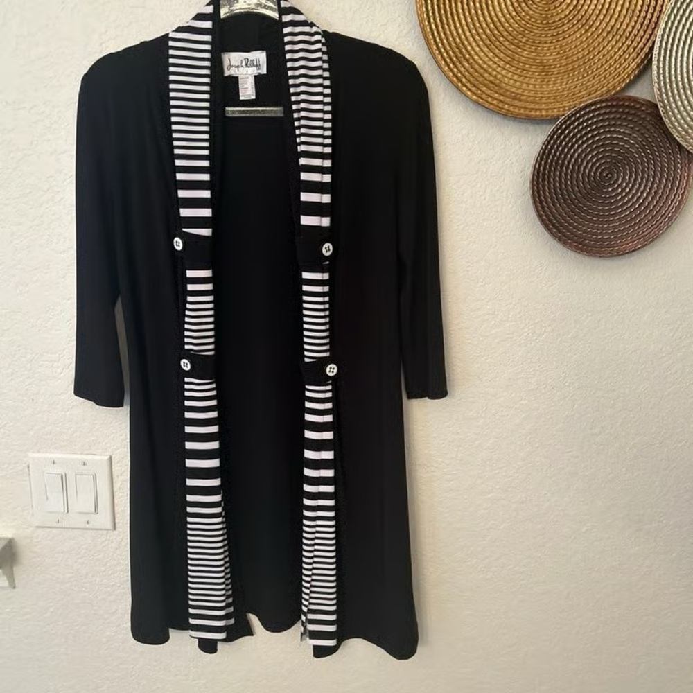 LuLaRoe Black Cardigan with Black and White Striped Trim